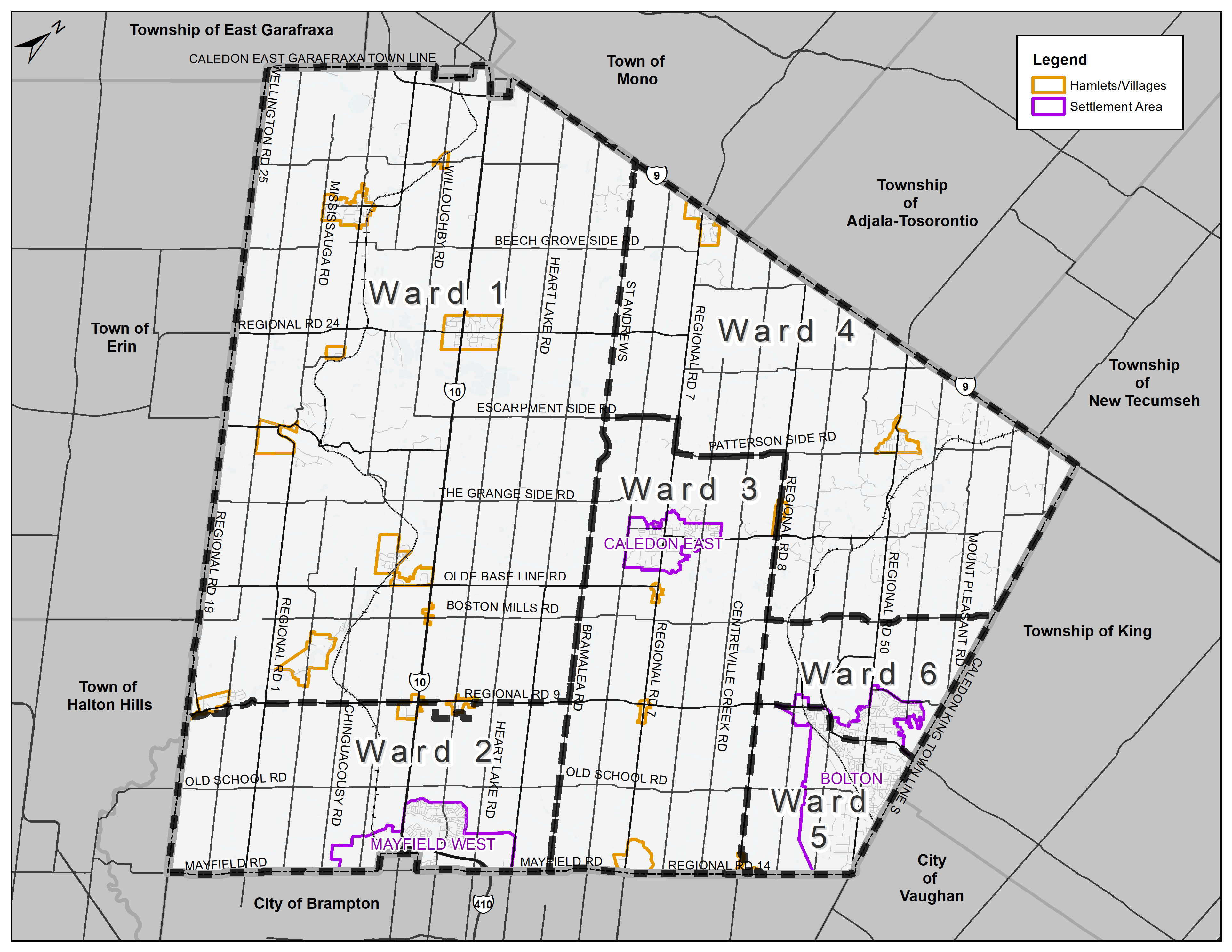 Town of Caledon ward boundary map showing all six wards, with Ward 4 in the northeast